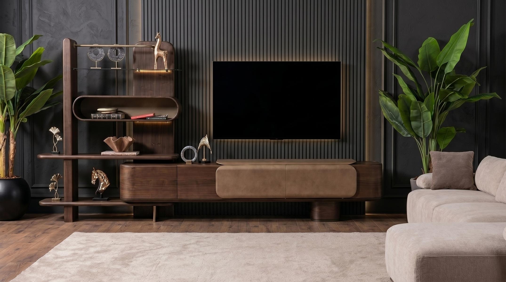 Wohnzimmer Set Luxus Wohnwand Braun TV-Lowboard mit Standregal