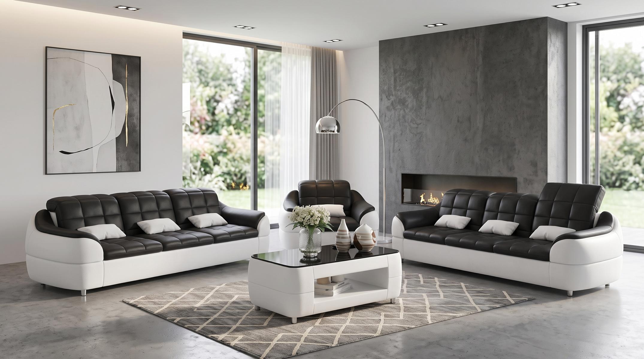 Sofa Set 3+3+1 Modern Schwarz Weiß Premium LED Couchtisch Komfort *