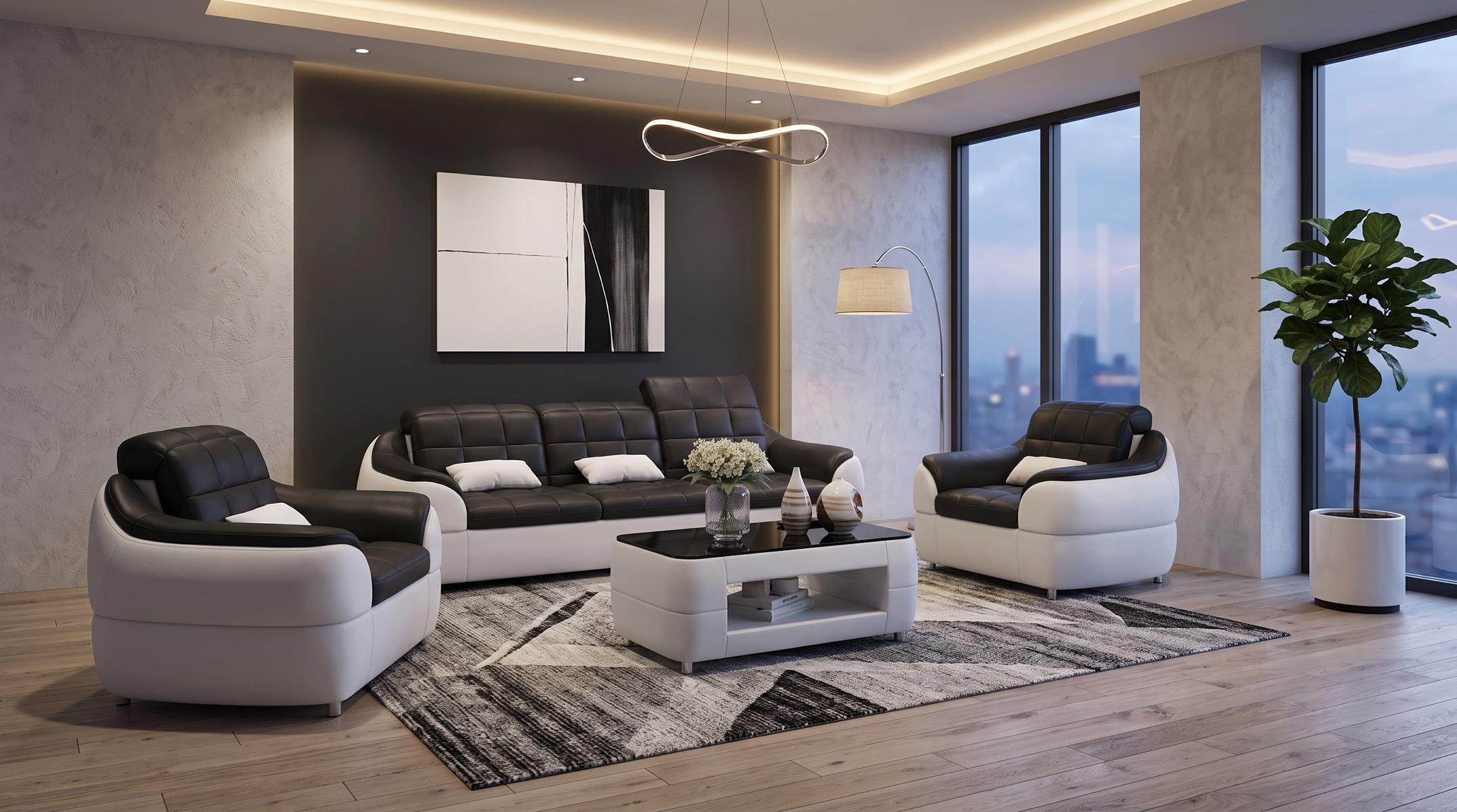 Sofa Set 3+1+1 Modern Schwarz Weiß Premium LED Couchtisch Komfort *