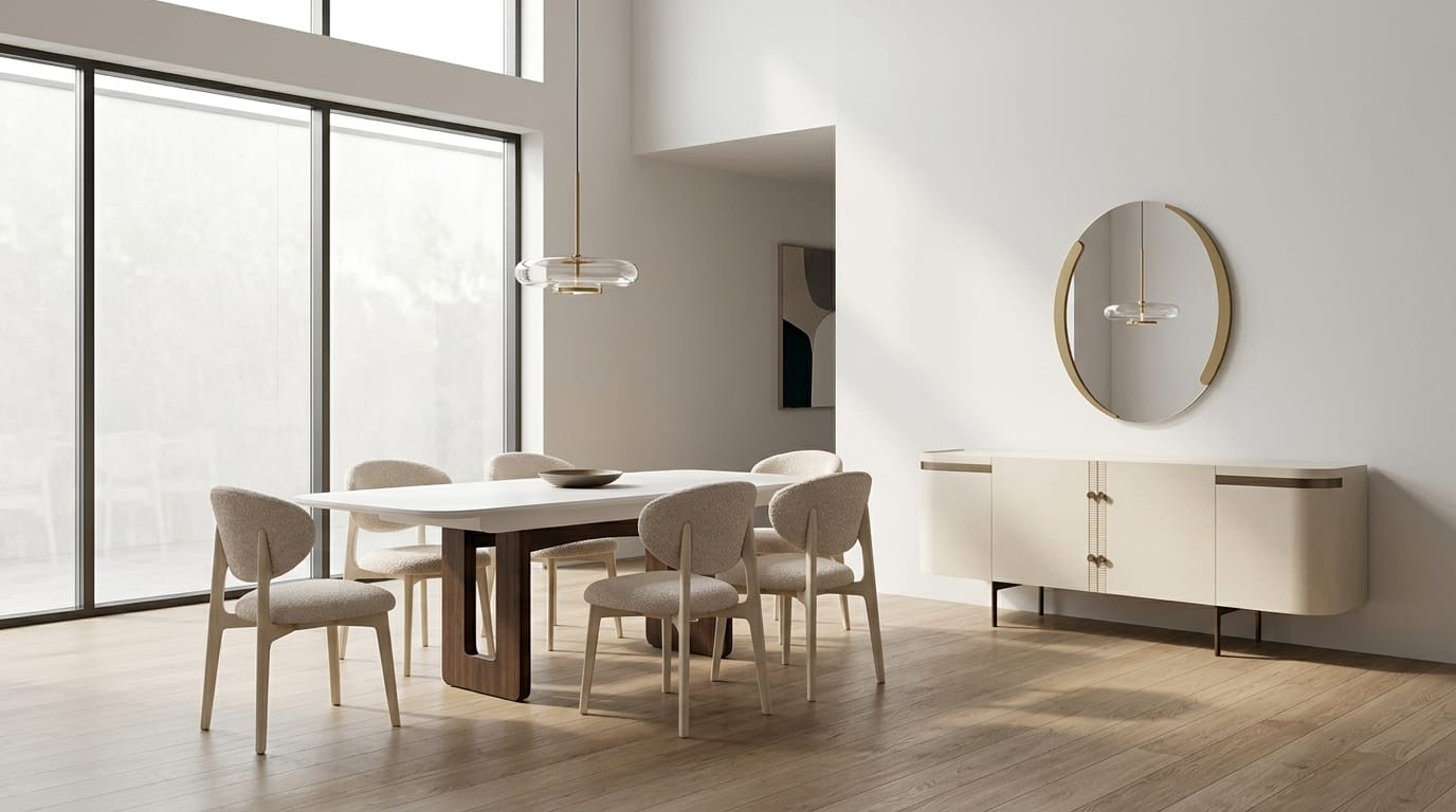 Esszimmer Set Esstisch 6x Stühle Sideboard Spiegel Moderner Stil Beige