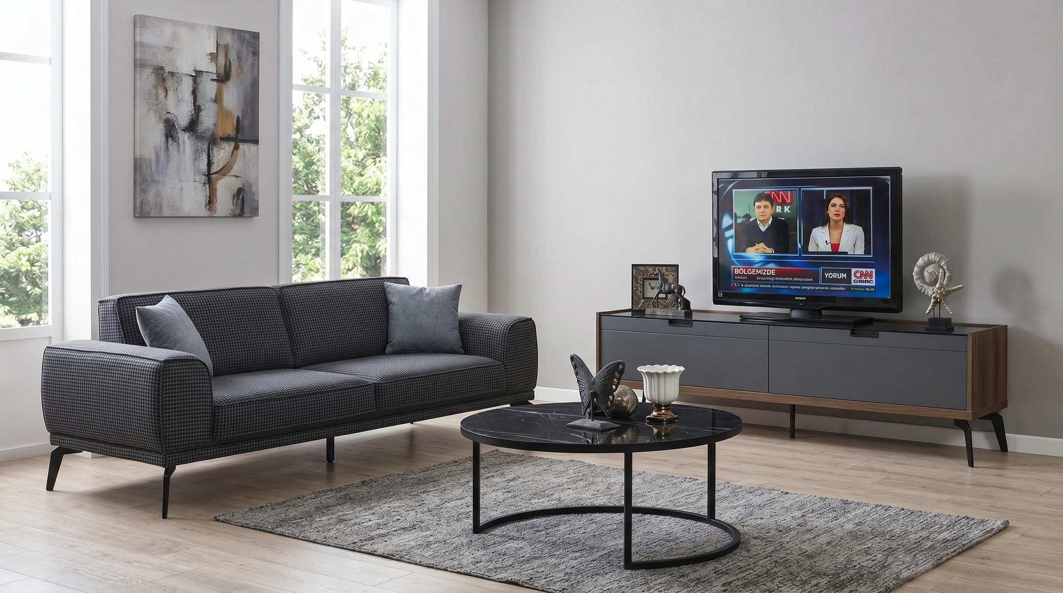3-Sitzer Sofa Couchtisch TV-Unit Modern Grau Anthrazit Stilvoll bequem