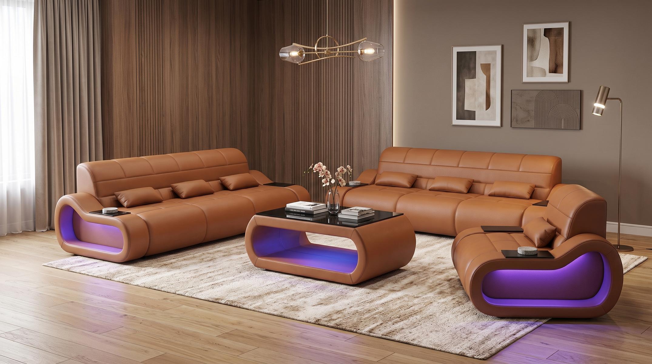 Sofa Set 3+3+1 Modern Braun Premium LED Couchtisch Komfort Designer *