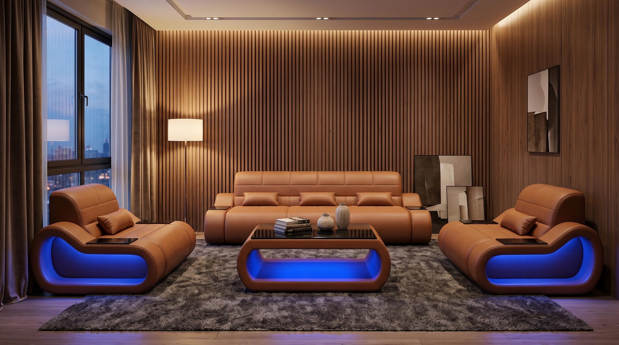 Sofa Set 3+1+1 Modern Braun Premium LED Couchtisch Komfort Designer *