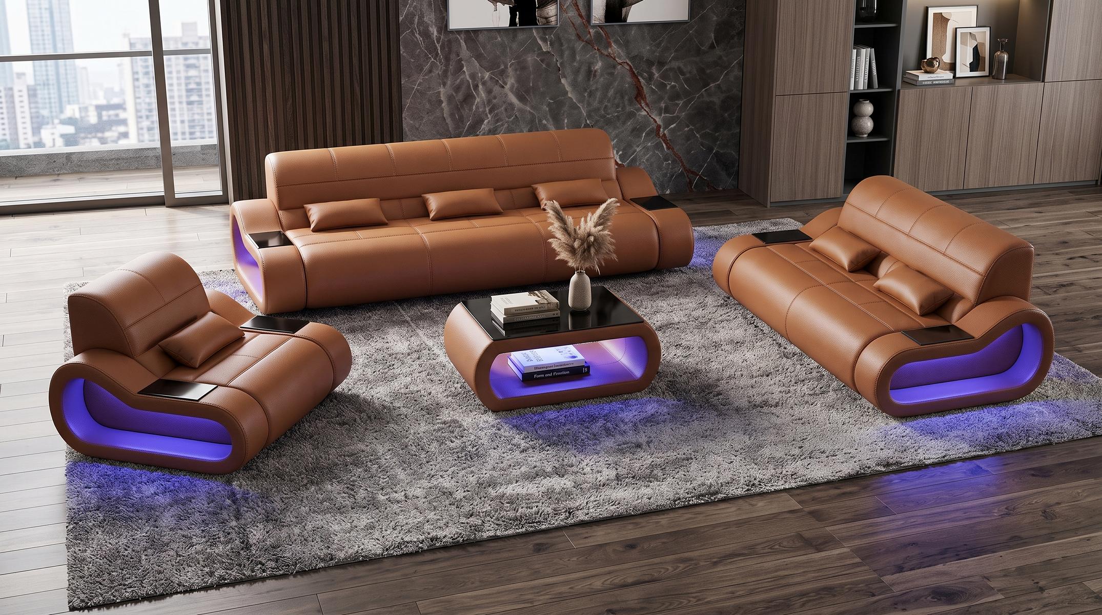 Sofa Set 3+2+1 Modern Braun Premium LED Luxus Exklusiv Designer *