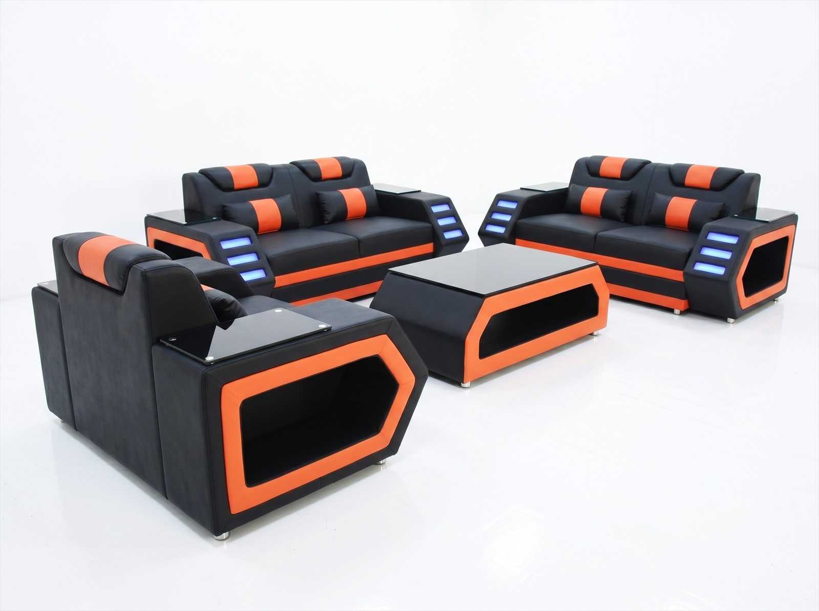 Sofa Set 2+2+1 Sitzer schwarz Kunstleder Polstermöbel moderne Couchtisch *