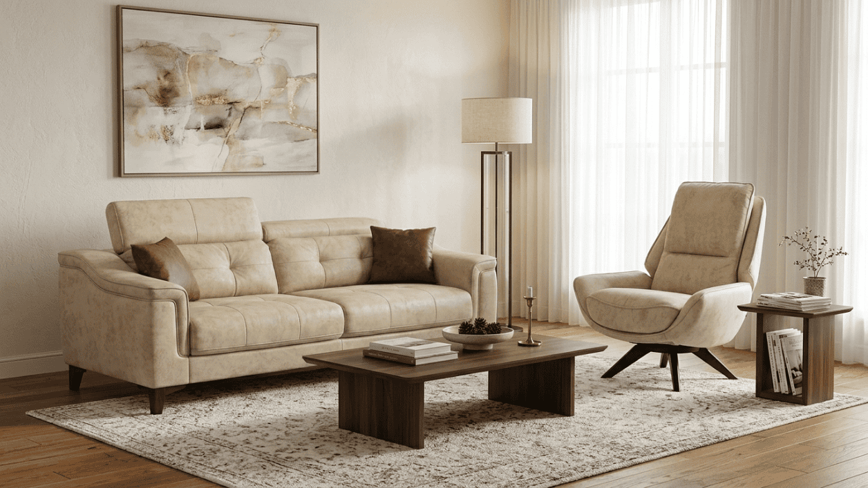 Beiges Wohnzimmer Polster Set Exklusiver 3-Sitzer Stoffsessel 2tlg