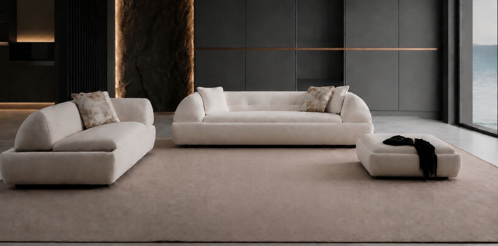 Sofa Pouff Beige Wohnzimmer Stil modern praktisch geräumig komfortabel