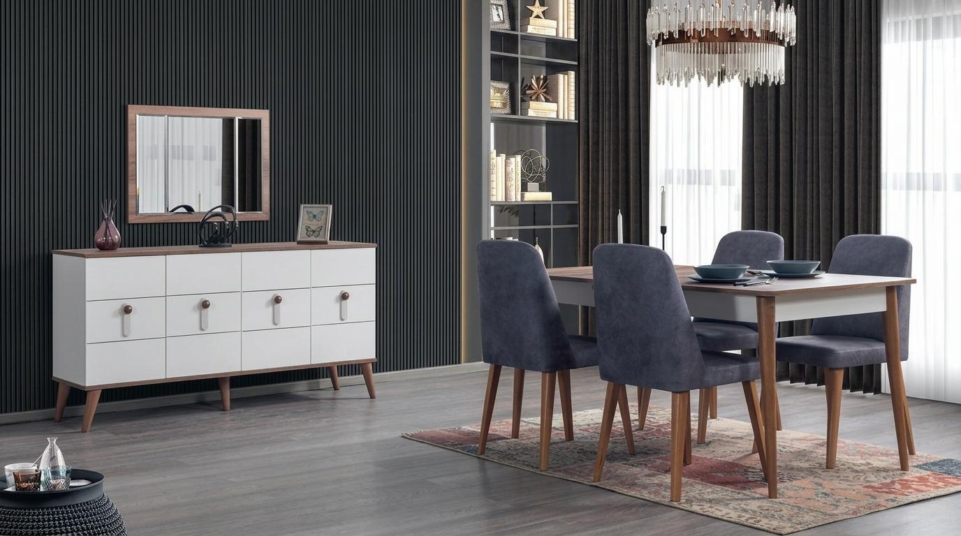 Moderne Weiße Essgruppe Designer Esstisch 4x Sitzstühle Sideboard