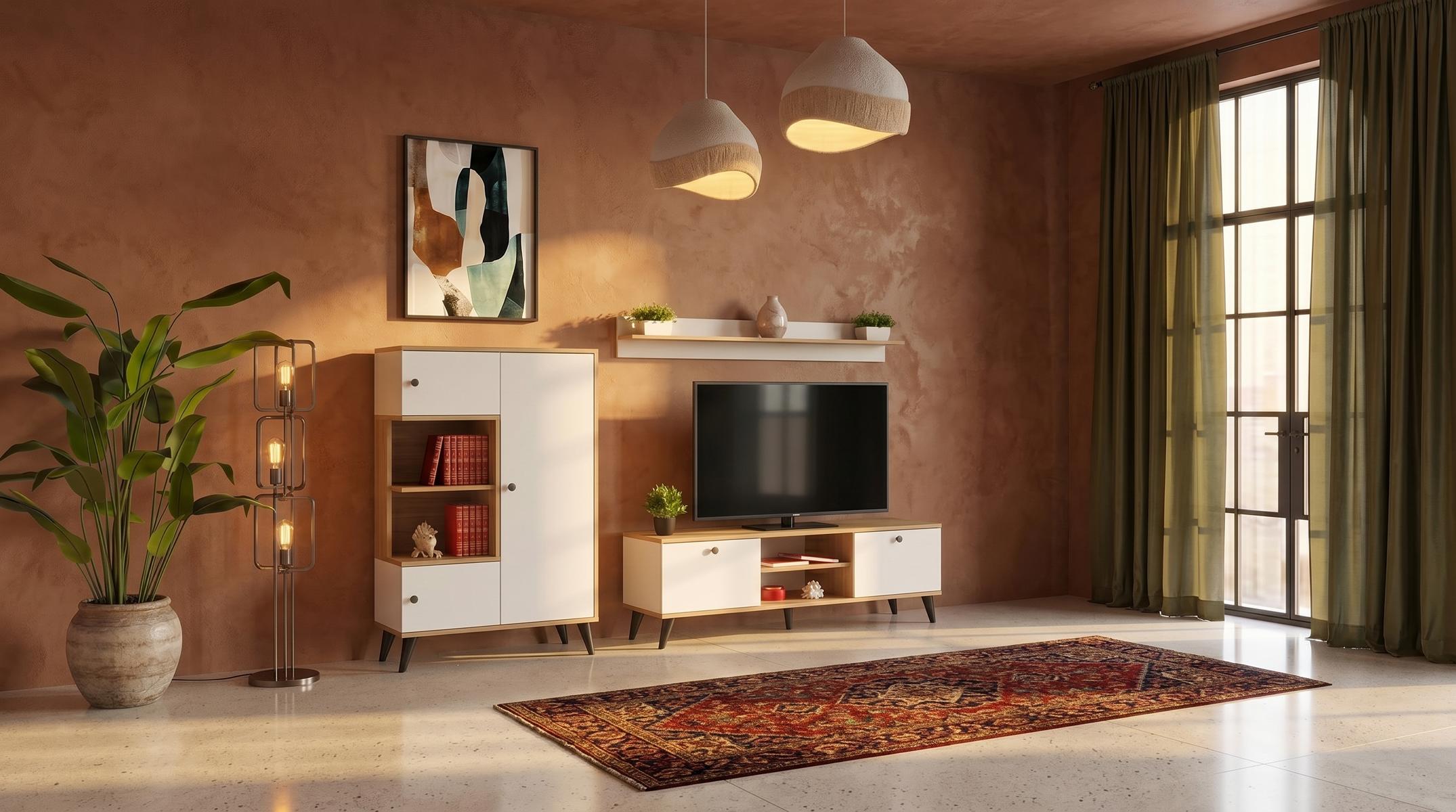 Weißes TV-Set TV-Unterschrank aus Holz Regal großes Bücherregal Designermöbel