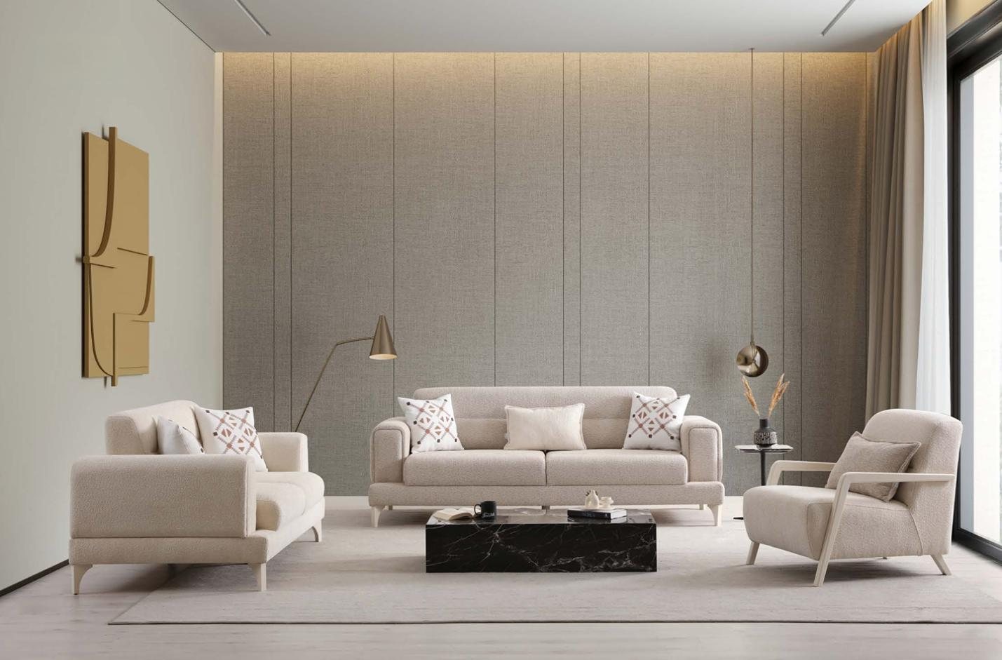 3-Sitzer Sofa Beige Modern Polstersofa Holzfüße Stoffbezug Komfort