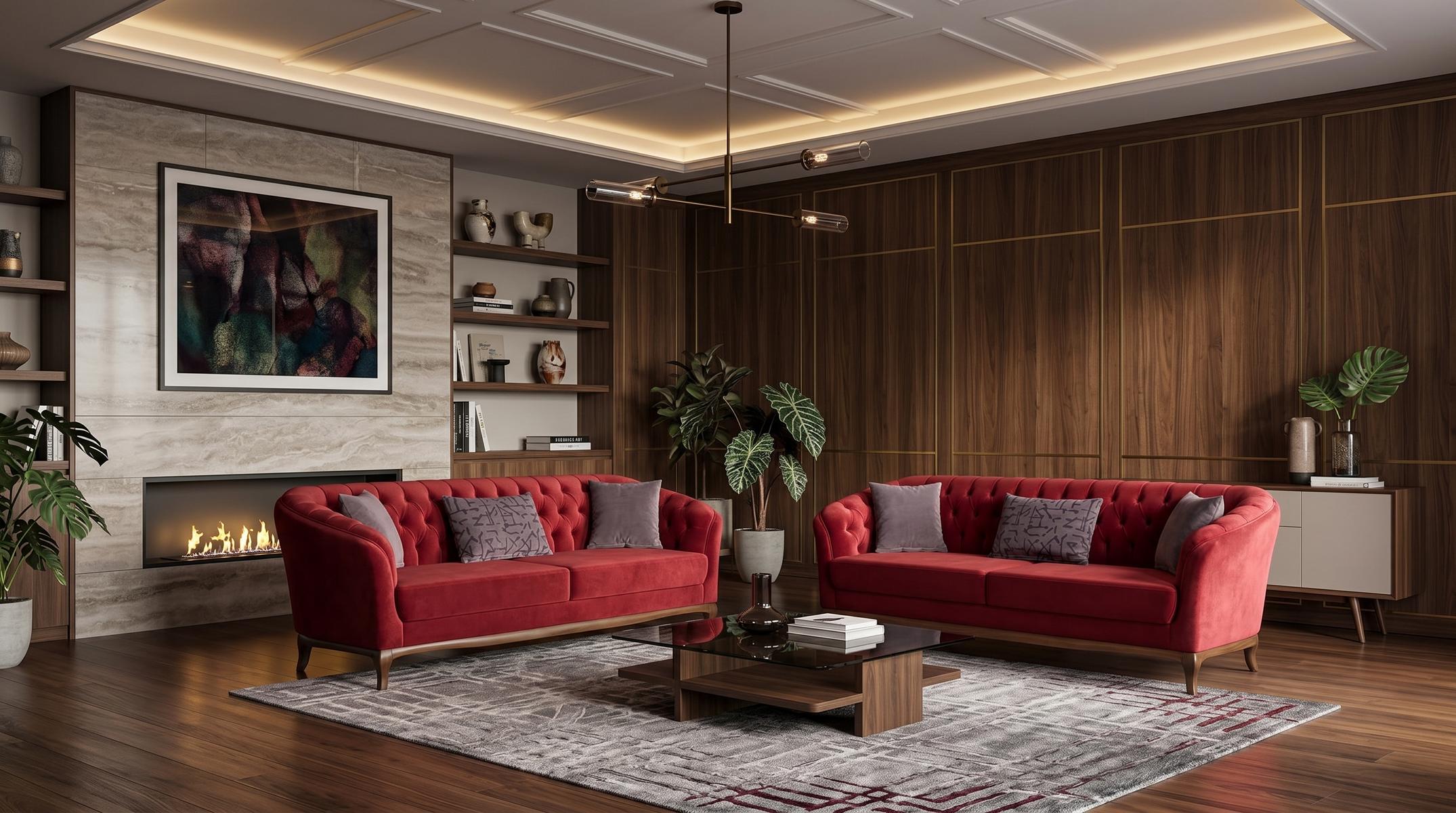 Bordeauxrotes Wohnzimmer-Set 2-Sitzer-Sofas Stoffsofas Wohnzimmermöbel