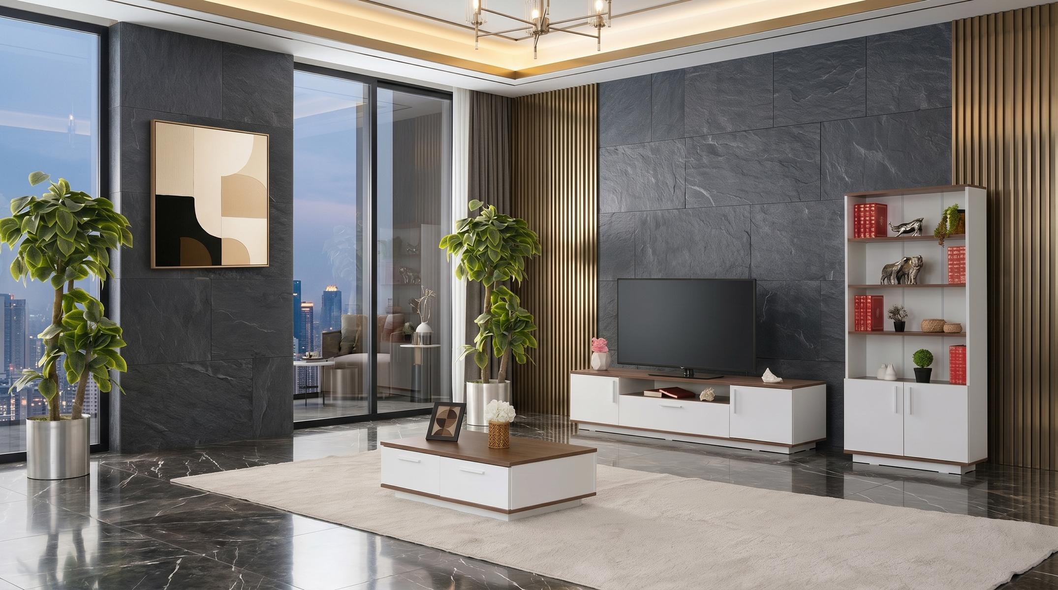 Moderner weißer TV-Set TV-Ständer Couchtisch Bücherregal  Wohnzimmer