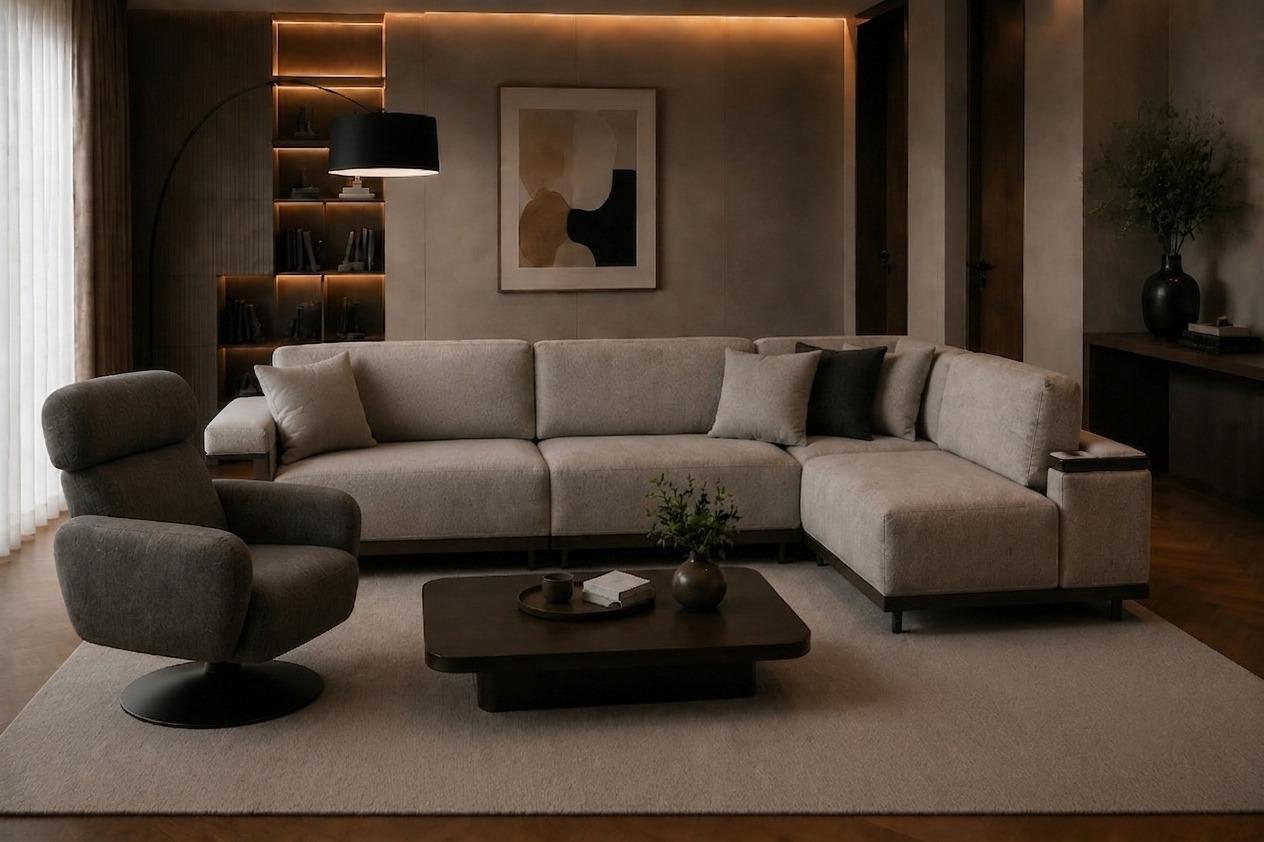 Zeitloses Wohnzimmer-Set mit Ecksofa und Sessel Beige