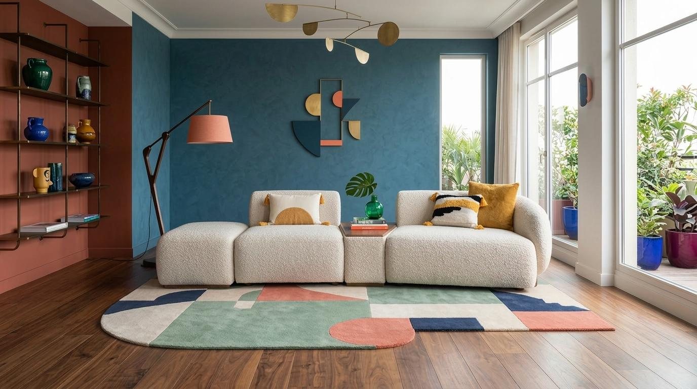 Modernes Wohnzimmer Sofa mit Funktionstisch Boucle Beige Modular