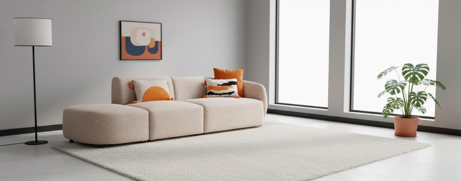 Sofa Modular mit Ottomane Boucle Beige Modernes Wohnzimmer