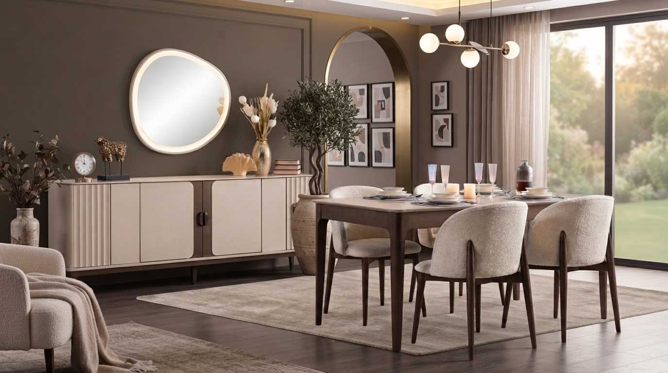 Esszimmer Set Beige Modern Luxus Esstisch Stuehle Sideboard Spiegel