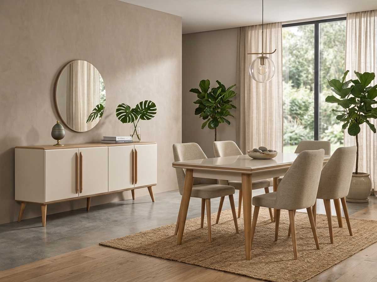 Essgruppe Beige Modern Luxus Esstisch Stuehle Sideboard Spiegel