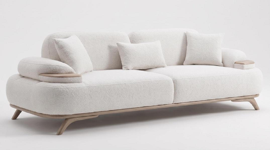 Modernes 3-Sitzer Sofa Weiß Boucle Stoff Wohnzimmer Polstersofa