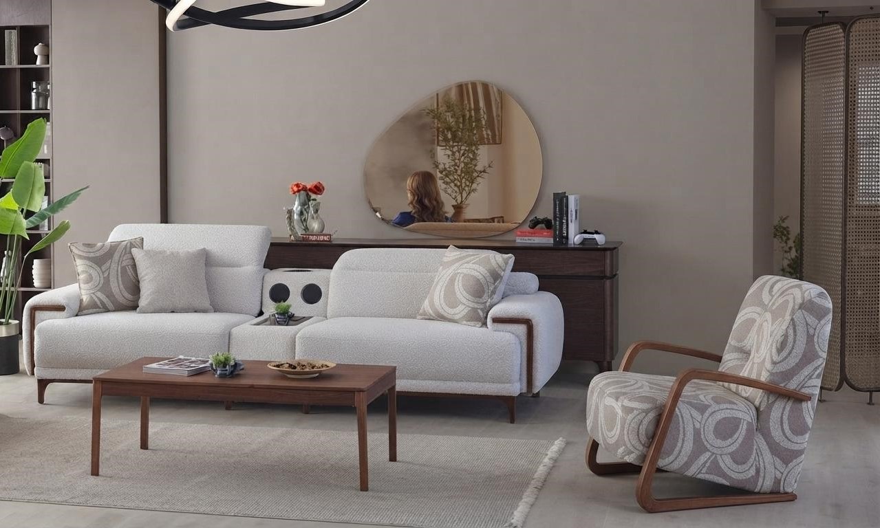 Luxuriöses Wohnzimmer Polstersofa USB Anschluß Boxen Textilsessel