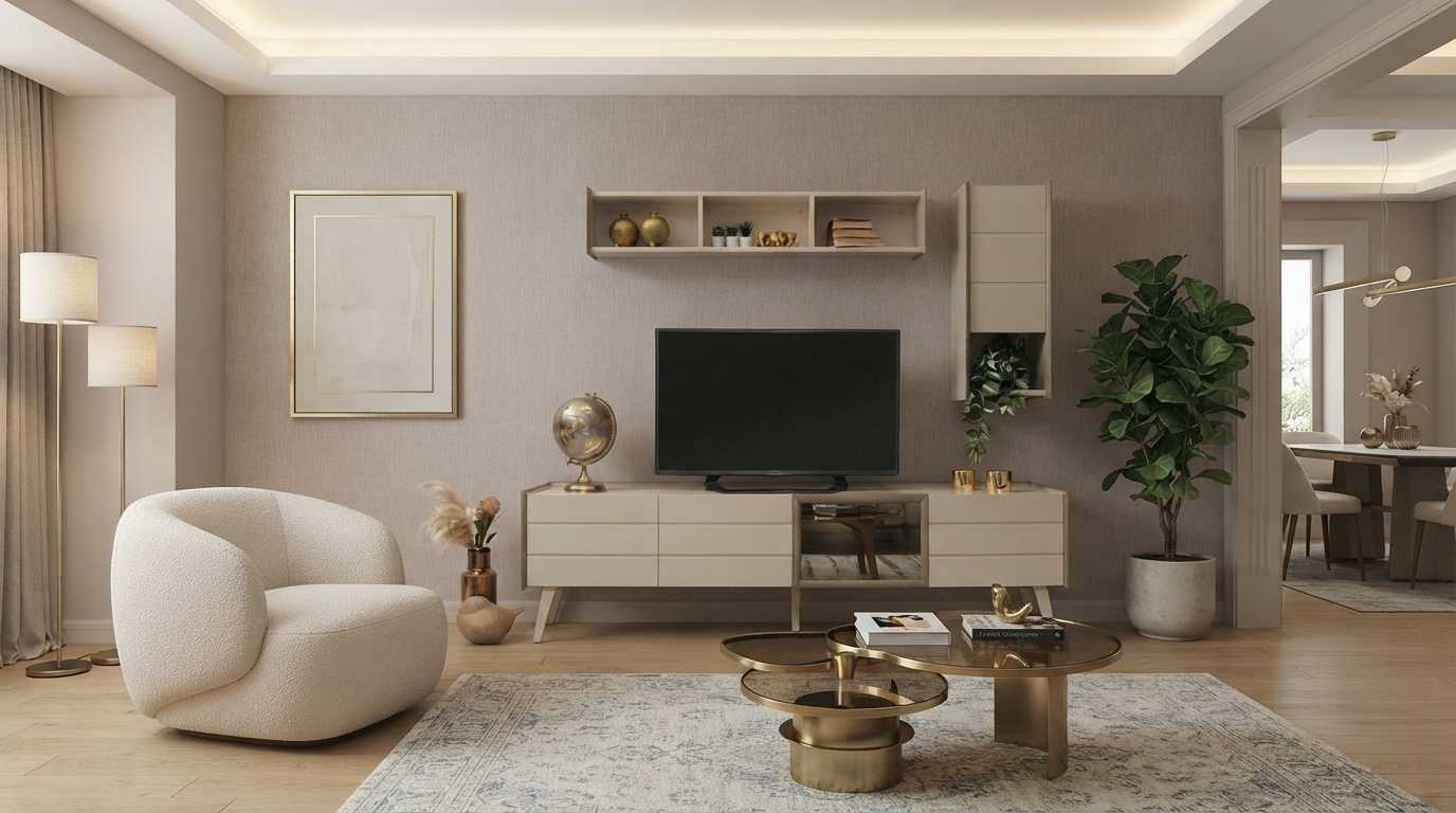 Wohnwand Set Beige Modern Luxus Tv Lowboard Wandregal Schrank