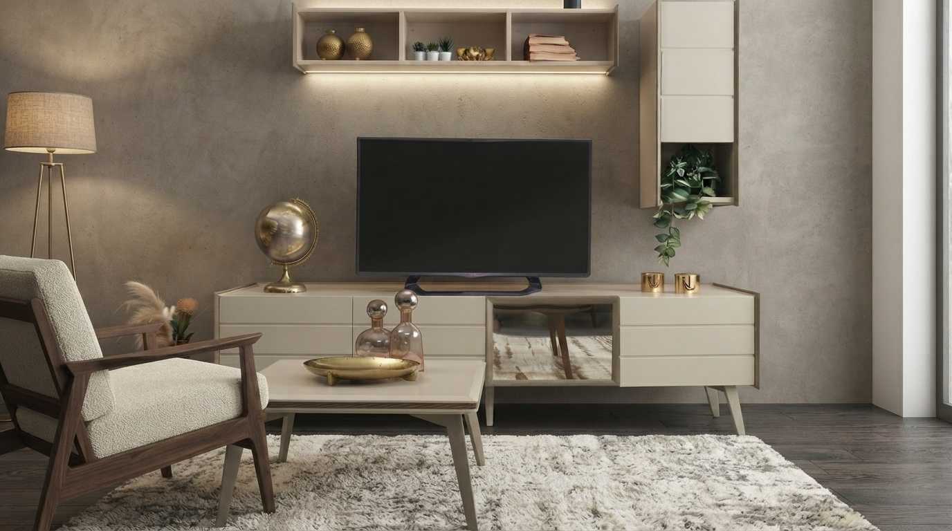Wohnwand Set Beige Modern Luxus Tv Lowboard Wandregal Couchtisch
