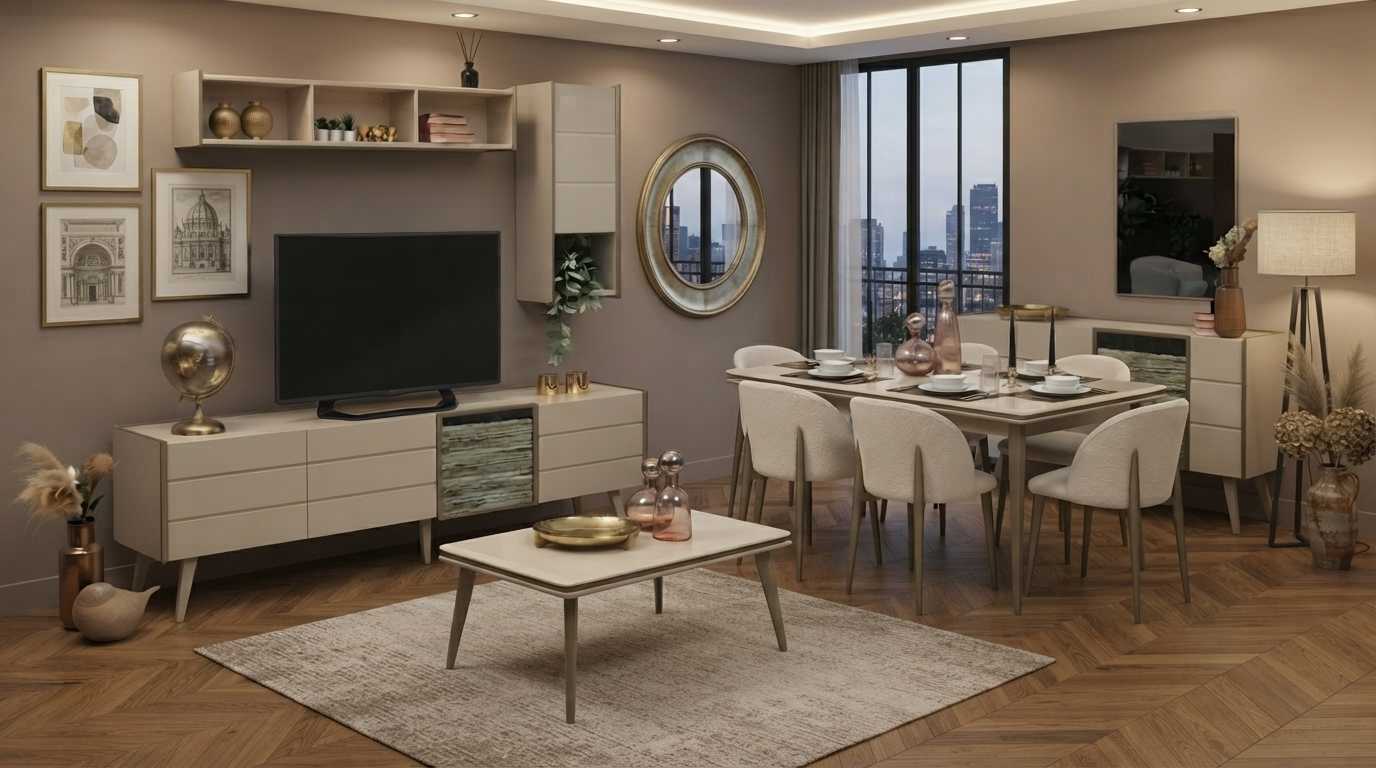 Wohnzimmer Set Beige Modern Esstisch 4x Stühle Tv Lowboard Tisch