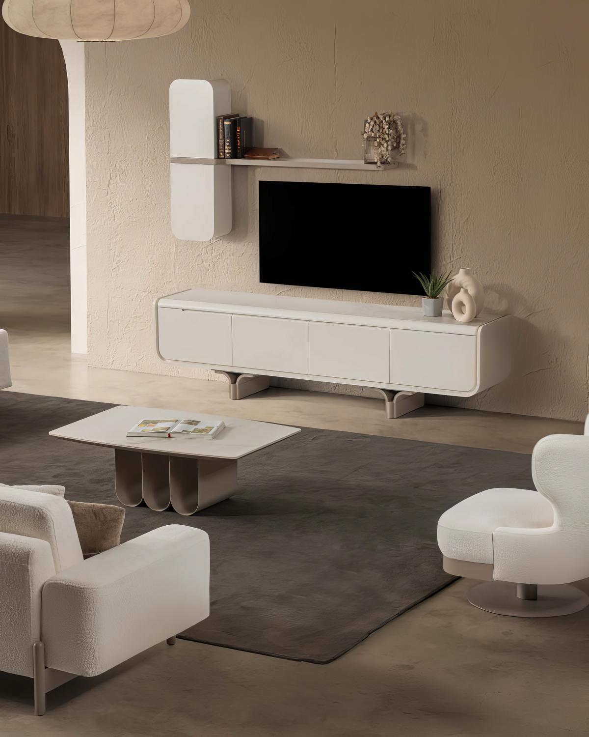 TV Lowboard Set Wandregal Modern Weiss Edel Luxus Wohnzimmer