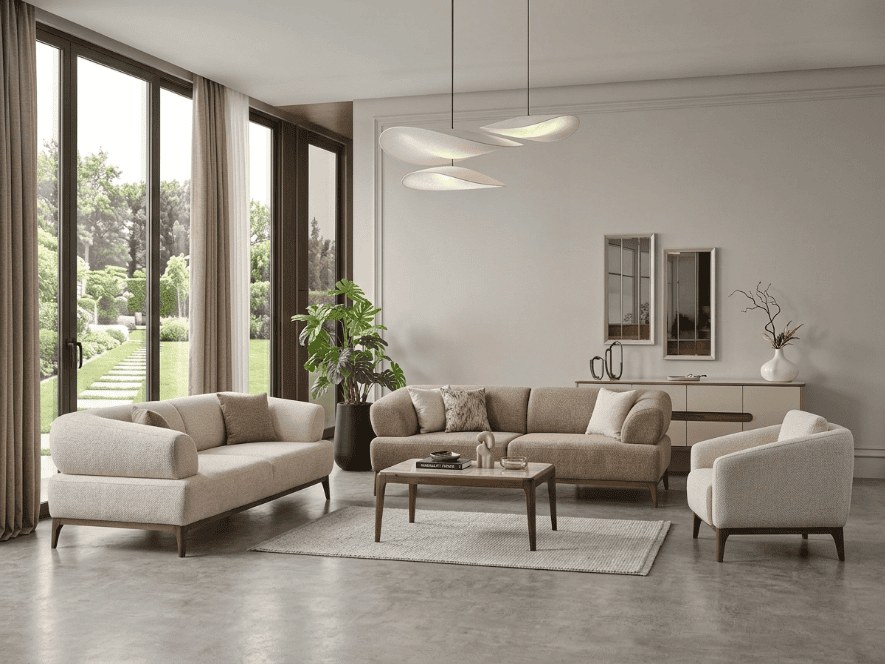Stilvolle Beige Polstergarnitur Stoffsofas Designer Textilmöbel