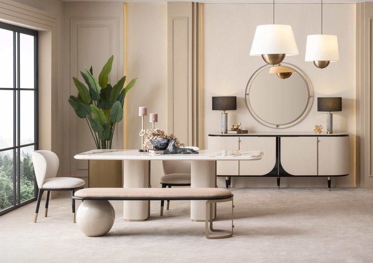 Wohnzimmer Set Esstisch Stühle Bank Konsole mit Spiegel Modern