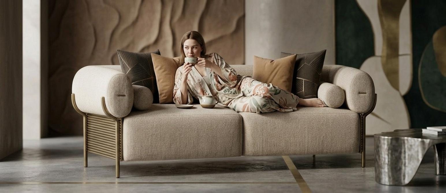 Beige Sofa Polstersofa Modern Zeitgenössisch Metallgestell Zierkissen