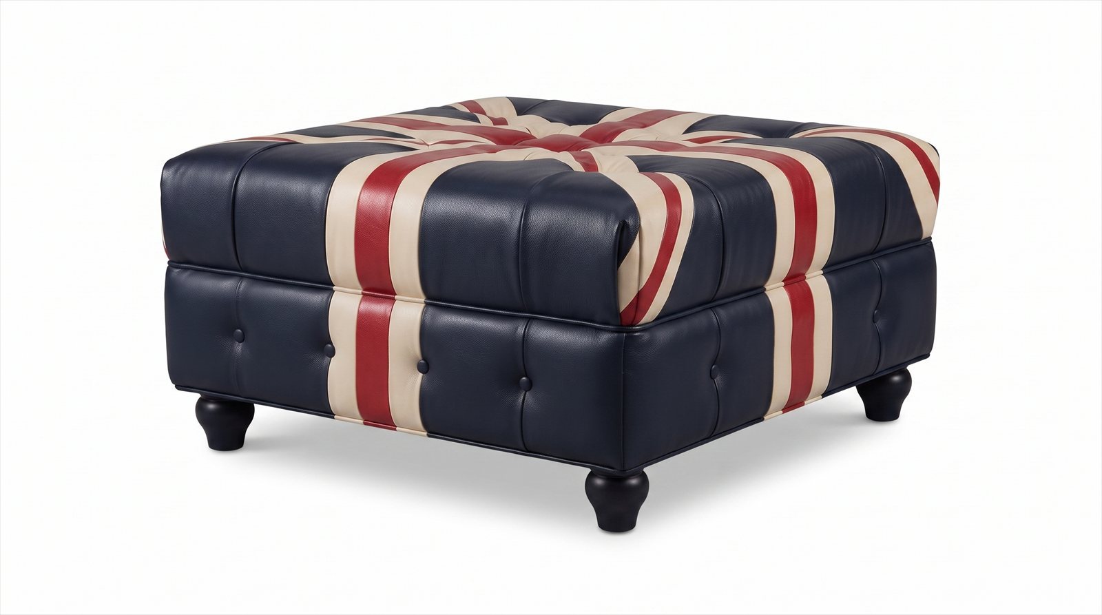 Chesterfield Hocker Ottomane Union Jack Dunkelblau Leder Vintage