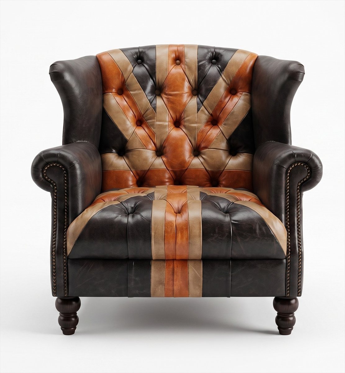 Chesterfield Sessel Clubsessel Braun Leder Patchwork British Vintage