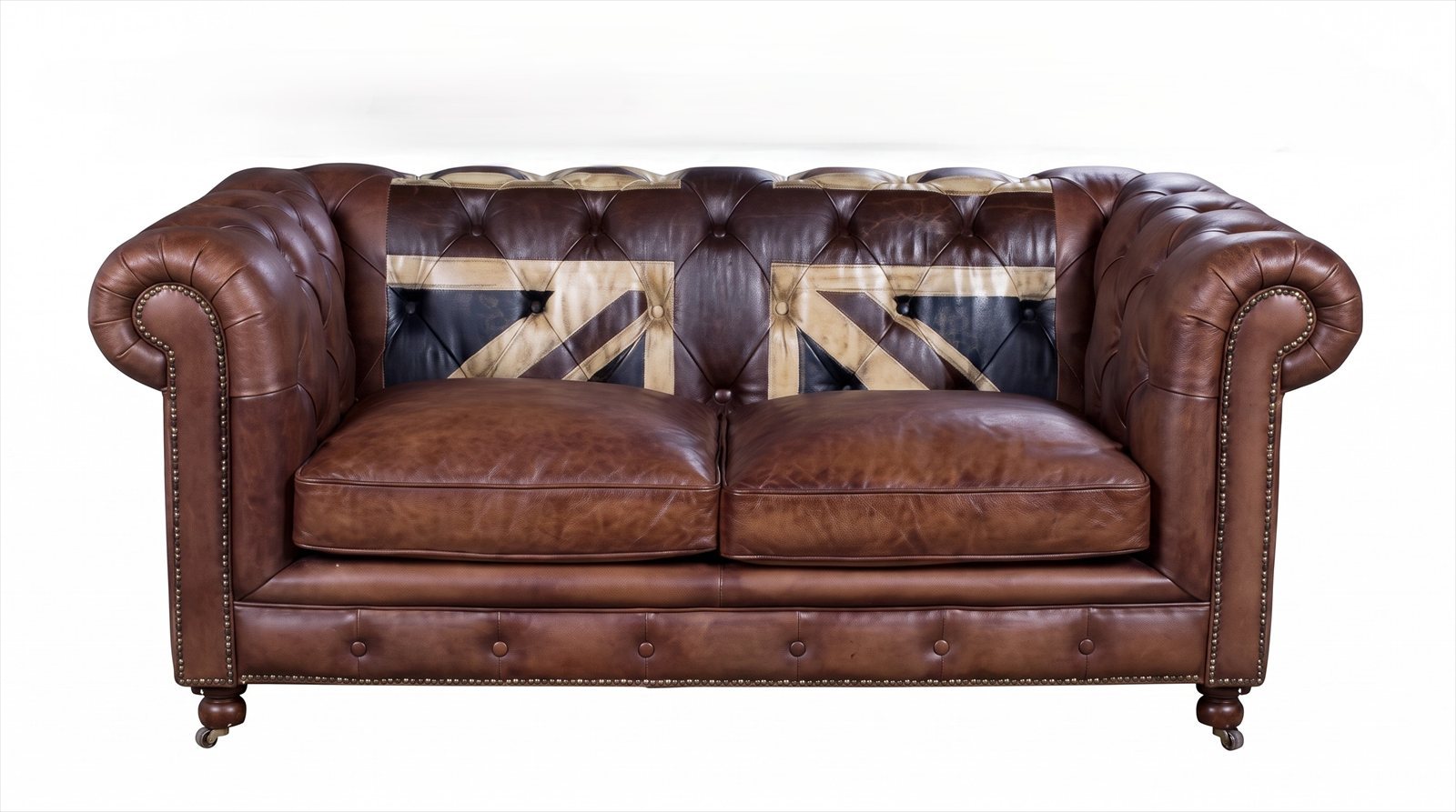 Vintage British Jack Union Antikbraun Leder 2-Sitzer Sofa Chesterfield