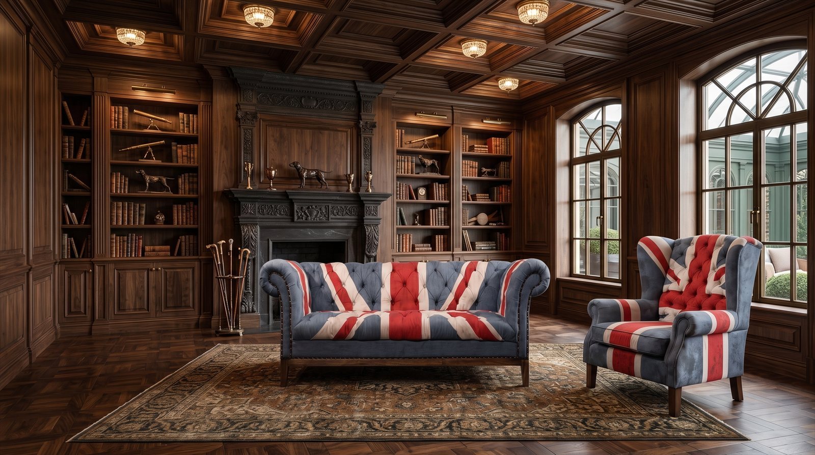 Chesterfield 2-Sitzer Sofa Ohrensessel Union Jack Samt British Vintage