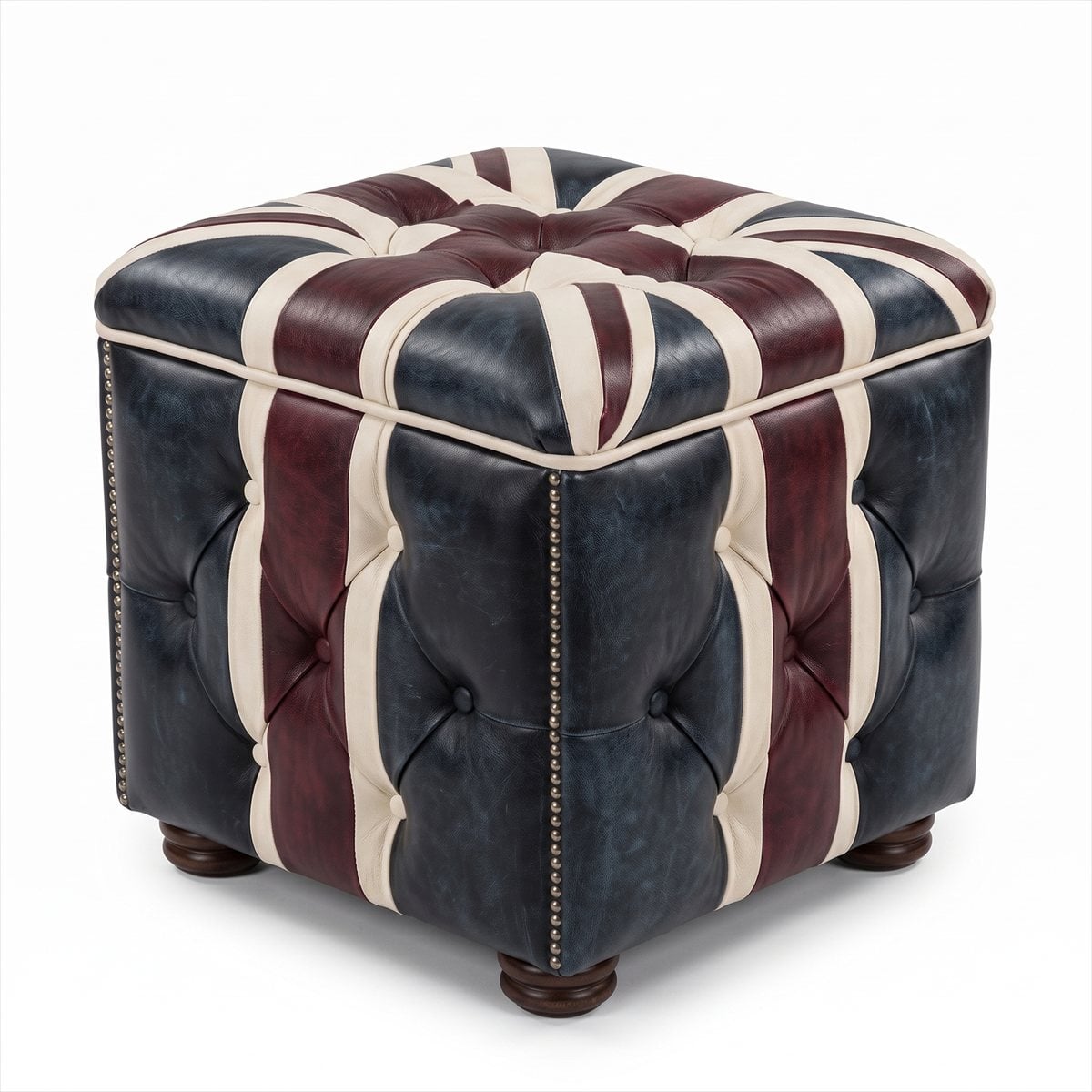 Union Jack Chesterfield Leder Hocker British Vintage Knopfheftung Holz