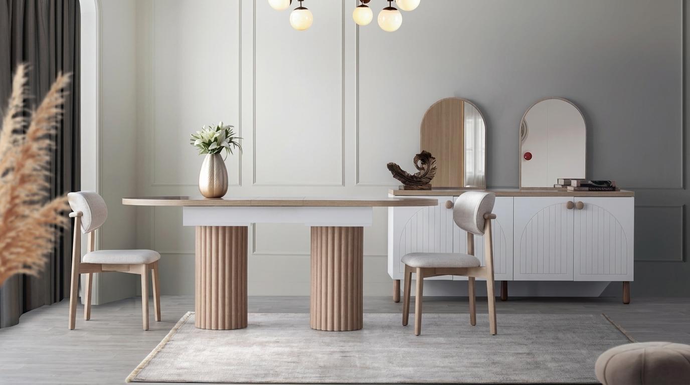 Modernes Esszimmer Set Beige Holz TV Lowboard Sideboard Ausziehtisch