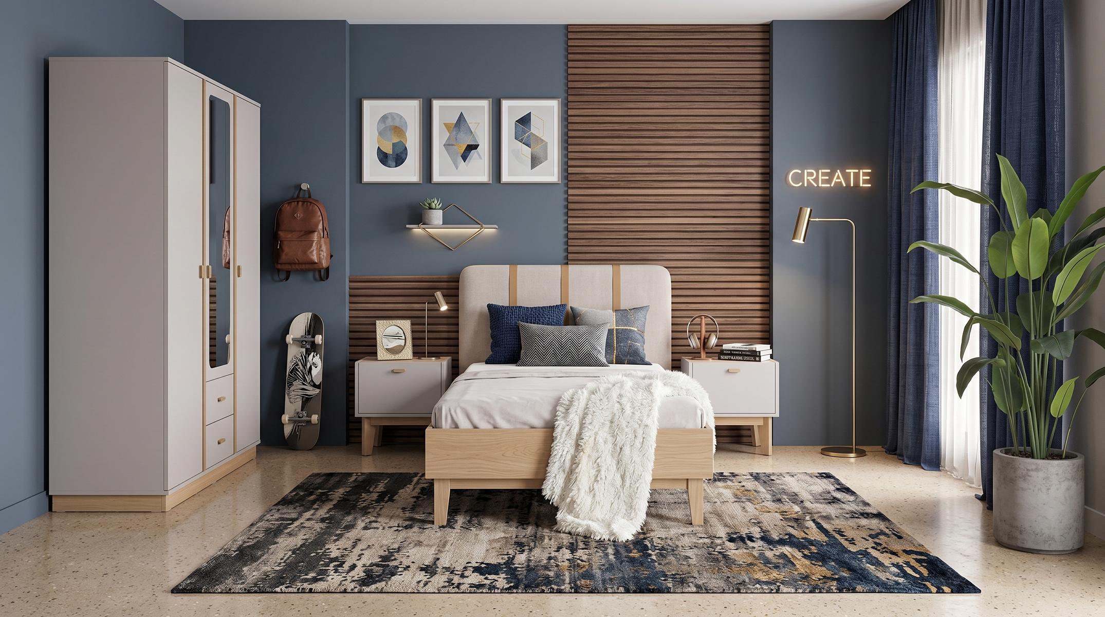 Stilvolles Beige Jugendzimmer Bett Kleiderschrank Nachttische Schlafzimmer