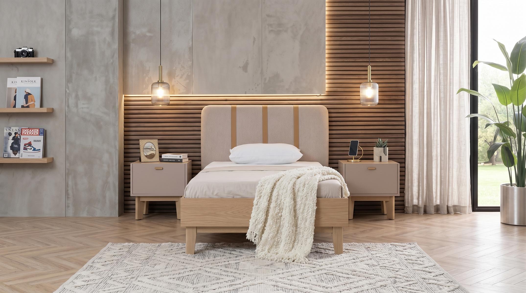 Stilvolles beiges Jugendzimmer Bett Nachttische Schlafzimmer modern hochwertig