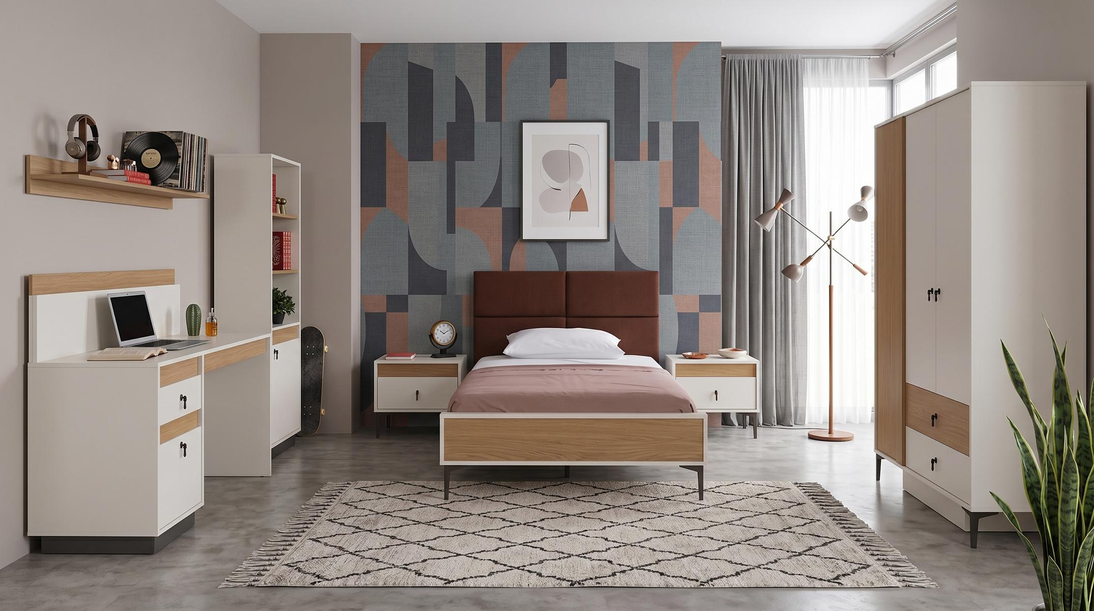 Weißes Jugendzimmer Bett Nachttische Kleiderschrank Schreibtisch Bücherregal