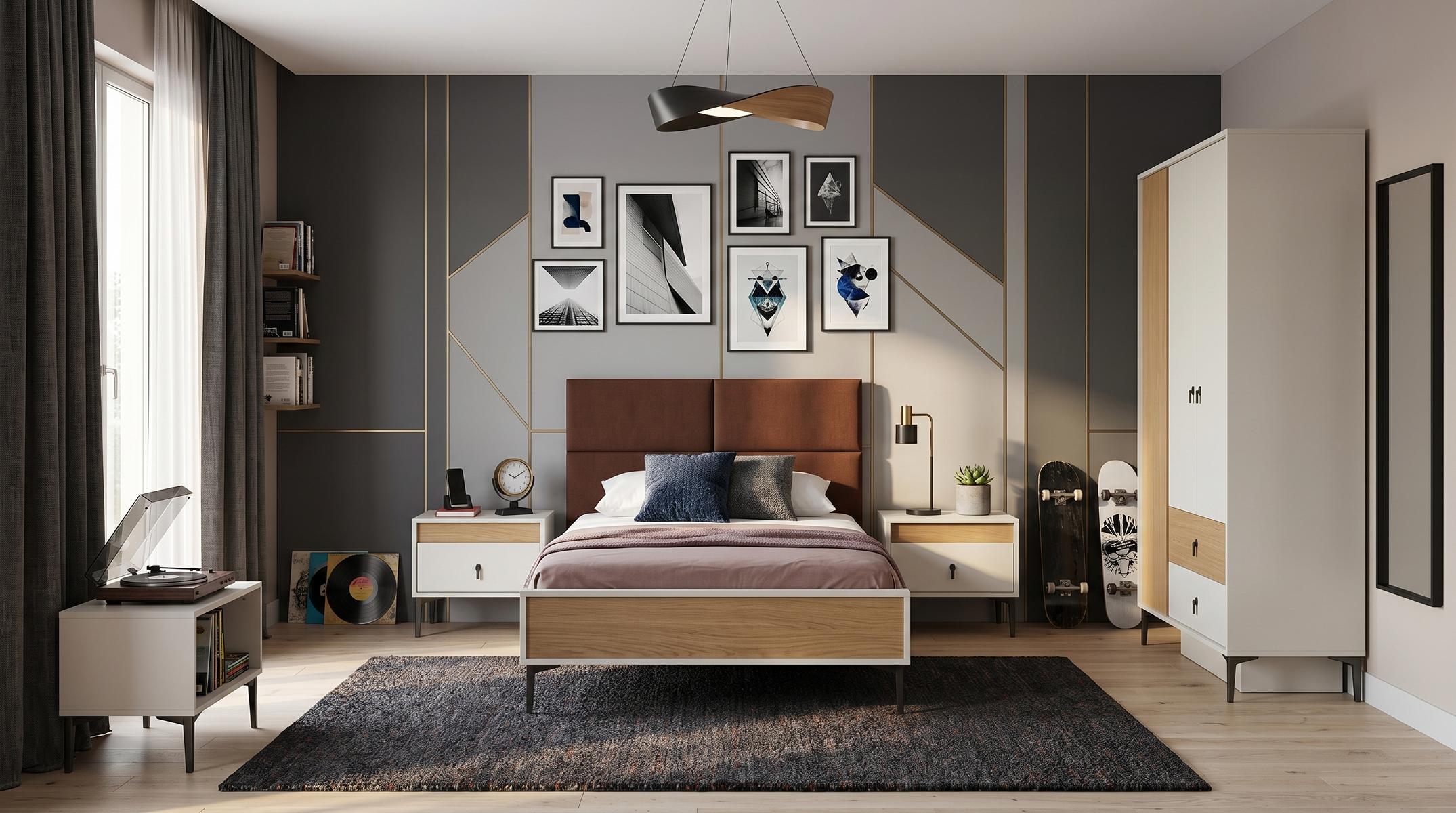 Modernes weißes Jugendzimmer Bett Kleiderschrank Nachttische Schlafzimmer