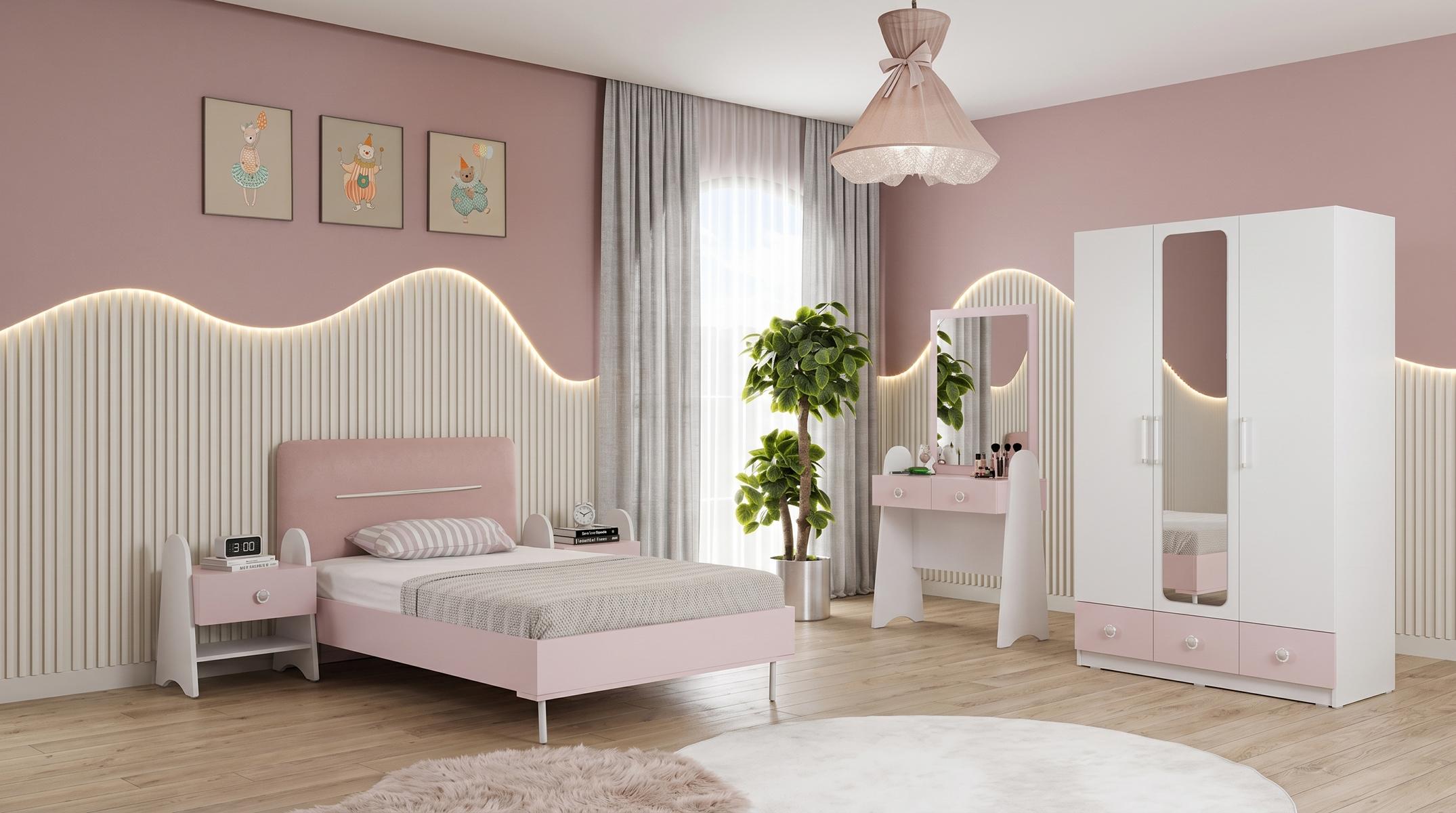 Weiß-rosa Jugendzimmer Bett Kleiderschrank Frisiertisch Nachttische Mädchen