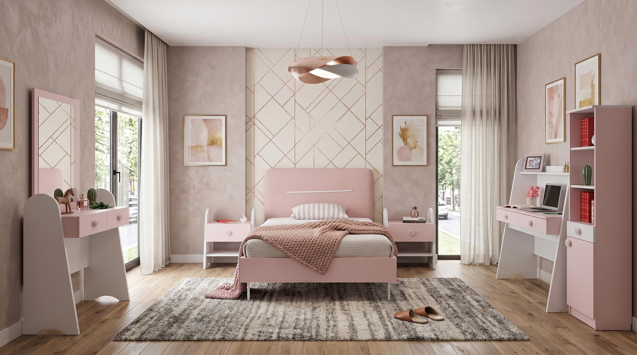 Weiß-rosa Jugendzimmer Bett Frisiertisch Nachttische Schreibtisch Bücherregal