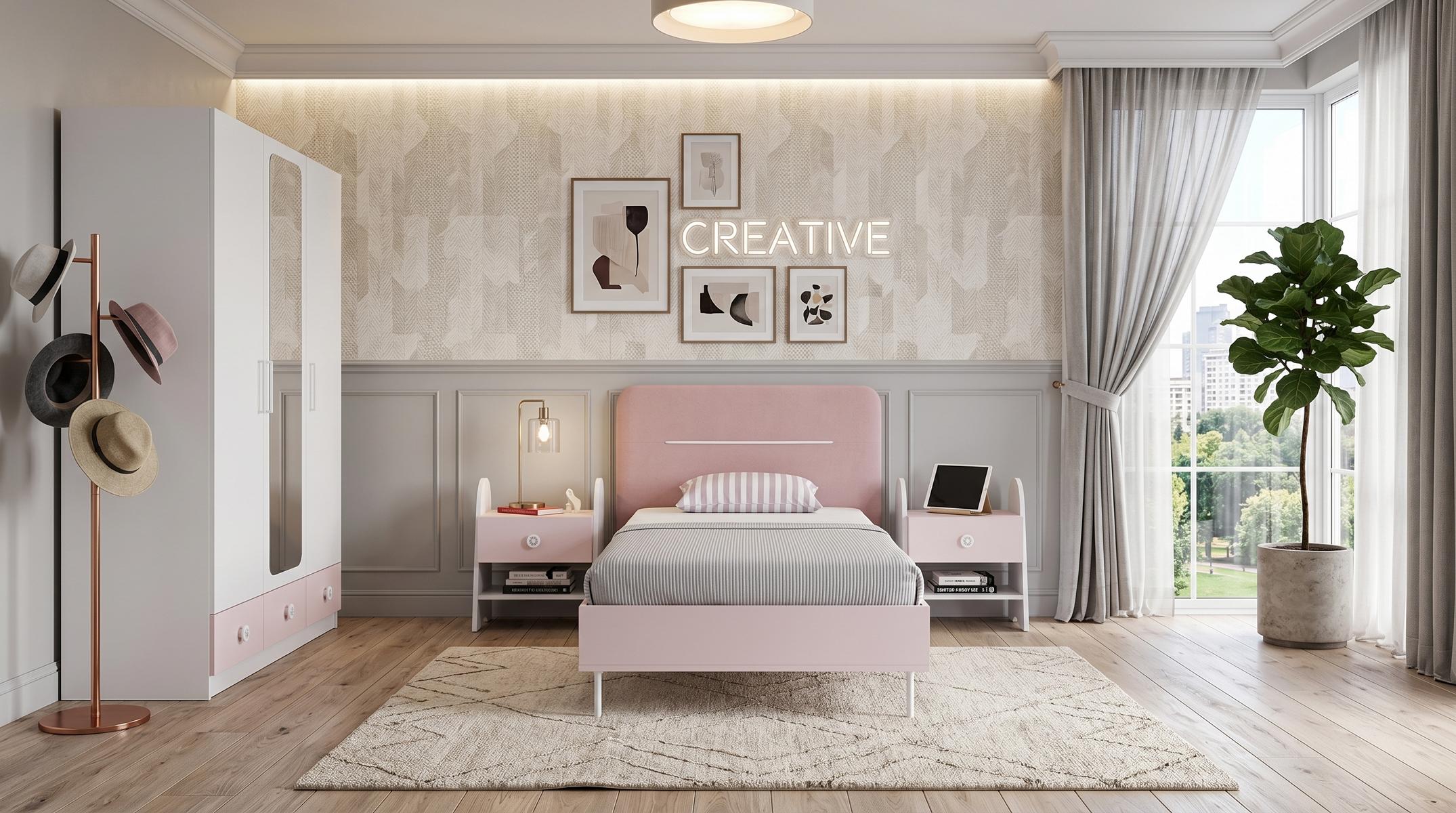 Modernes Jugendzimmer Weiß Rosa Bett Kleiderschrank Nachttische Mädchen