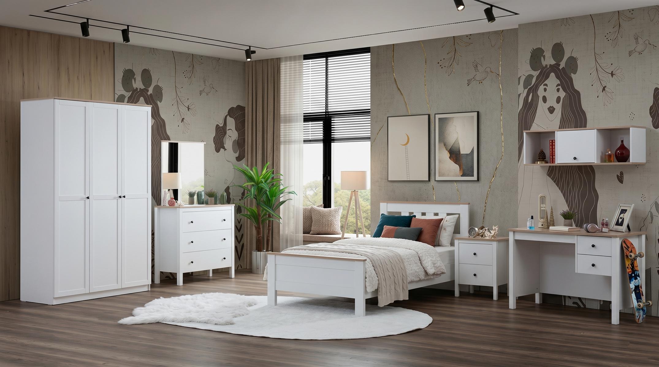 Weißes Jugendzimmer Bett Nachttische  Kleiderschrank Kommode Schreibtisch