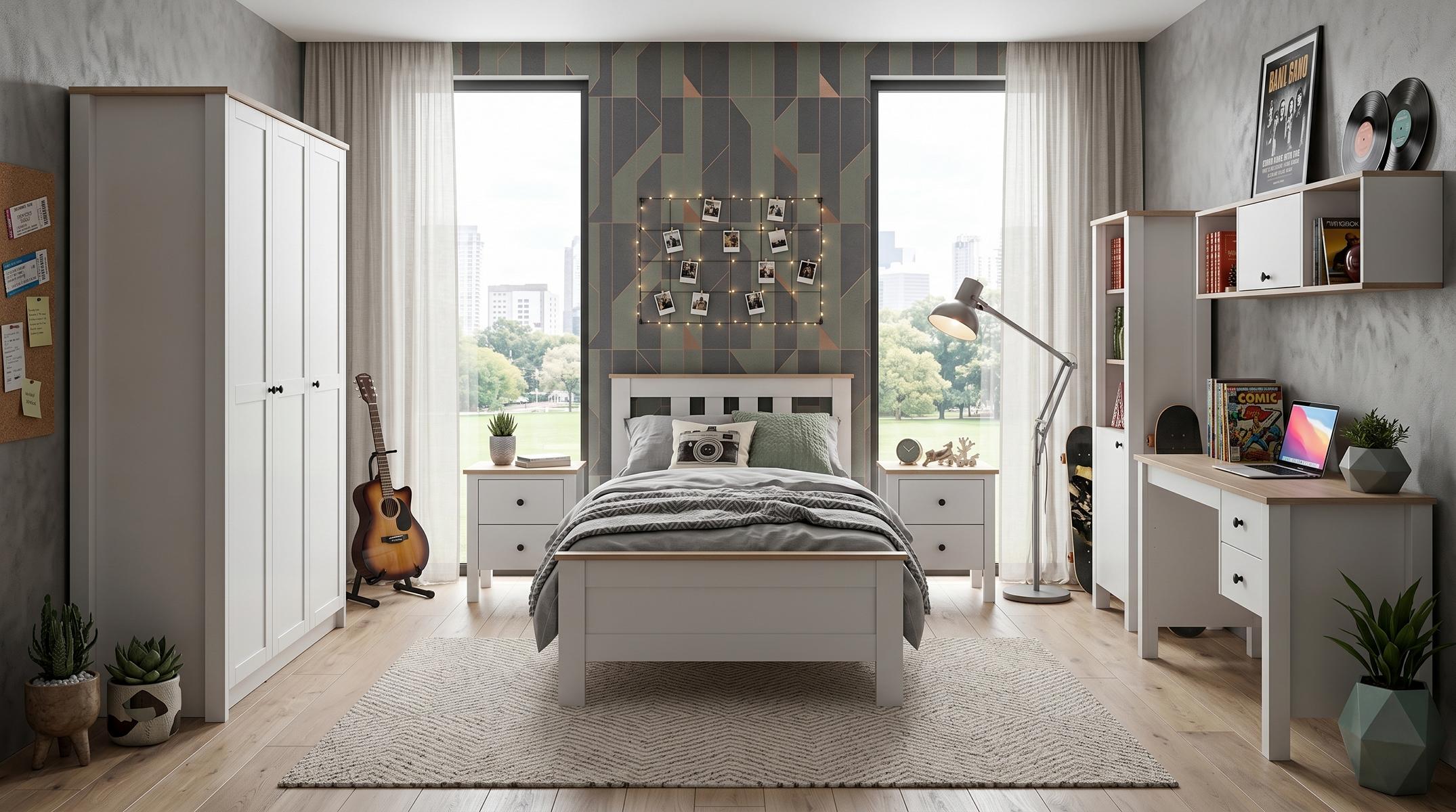 Weißes Jugendzimmer Bett Kleiderschrank Nachttische Schreibtisch Bücherregal