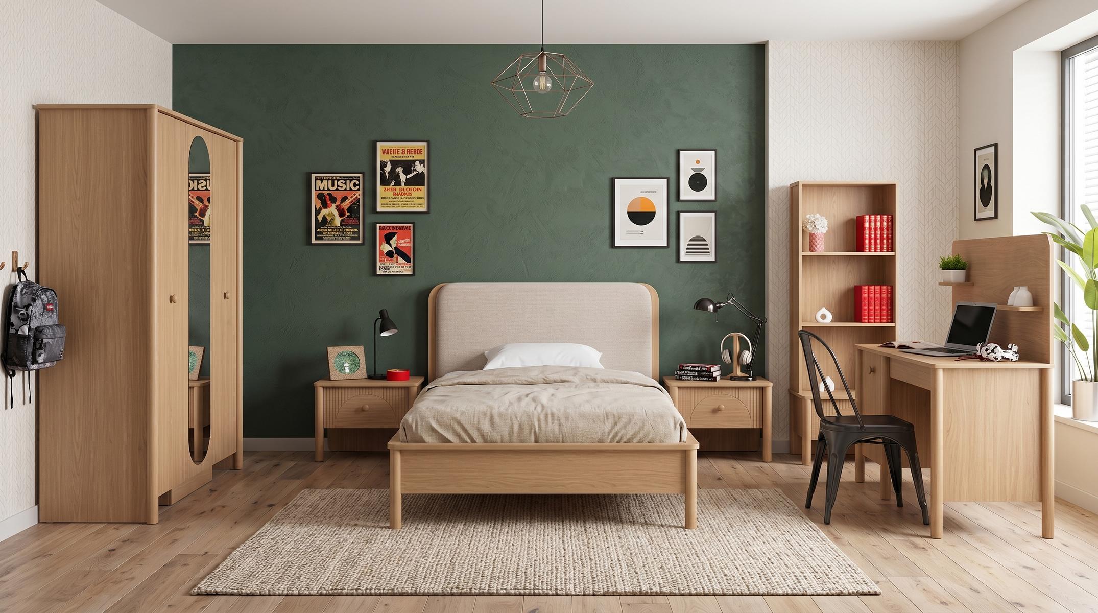 Modernes Jugendzimmer Bett Kleiderschrank Nachttische Schreibtisch Bücherregal