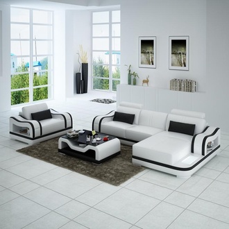 Ledersofa Couch Wohnlandschaft Ecksofa + Sessel Eck Garnitur Modern G8030E