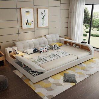 Design Leder Betten Hotel Doppel Ablage Regal 180x200 Multifunktions Grau Sofort