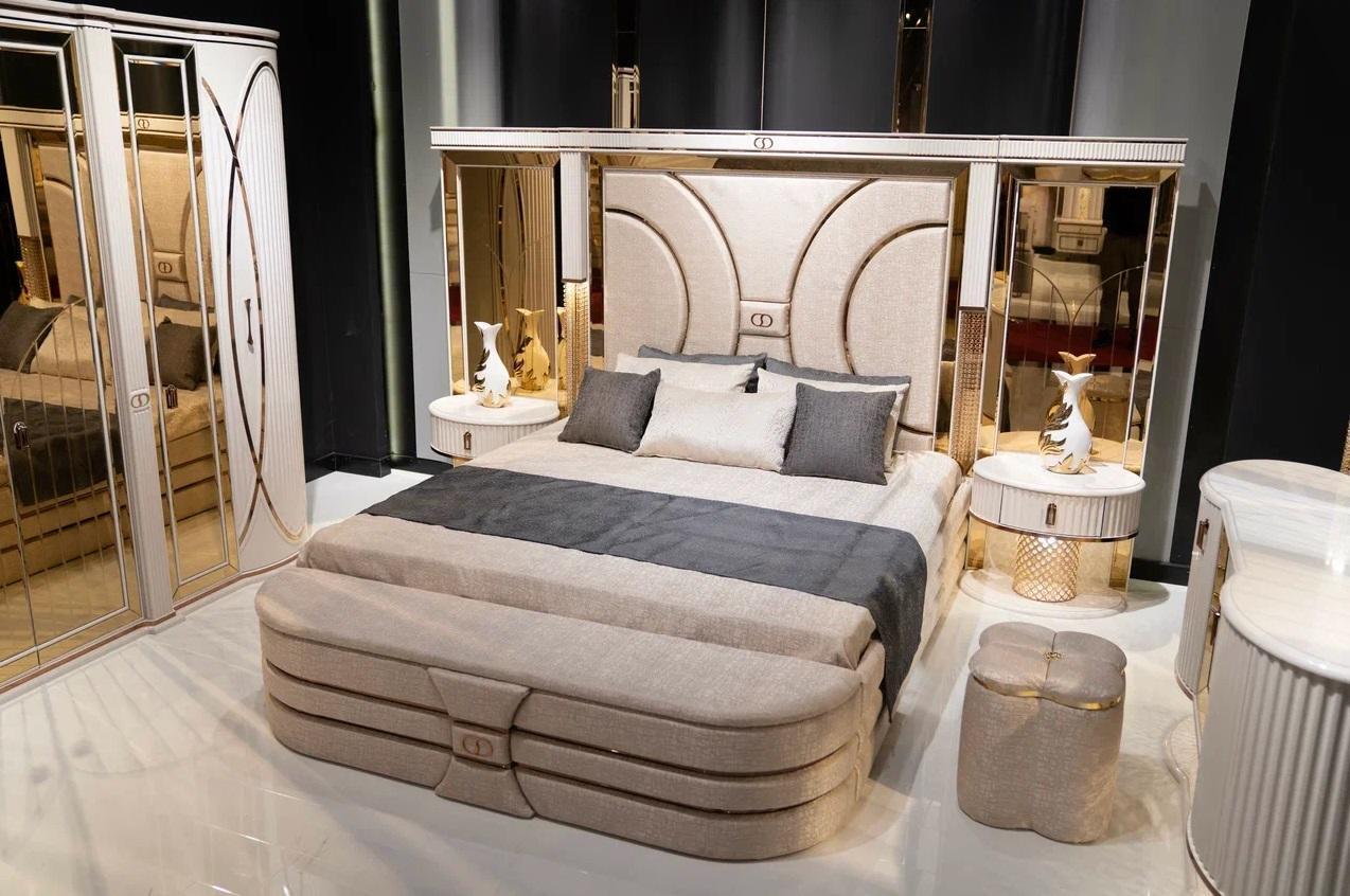 Schlafzimmer Set Bett 2x Nachttische Hocker Luxus 5tlg Design Holz