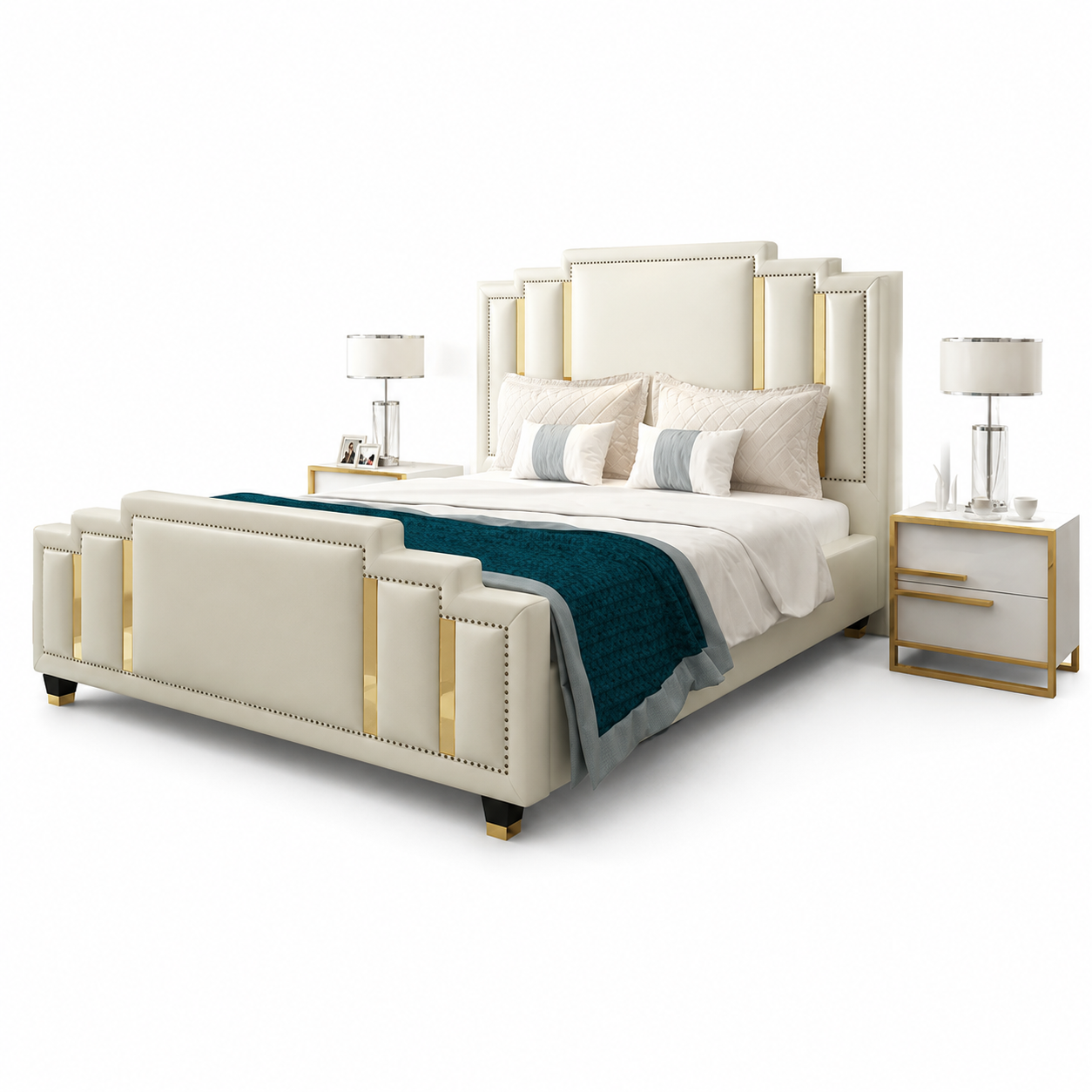 Luxuriöses Designer-Doppelbett aus Holz und Edelstahl in Weiß/Gold Sofort